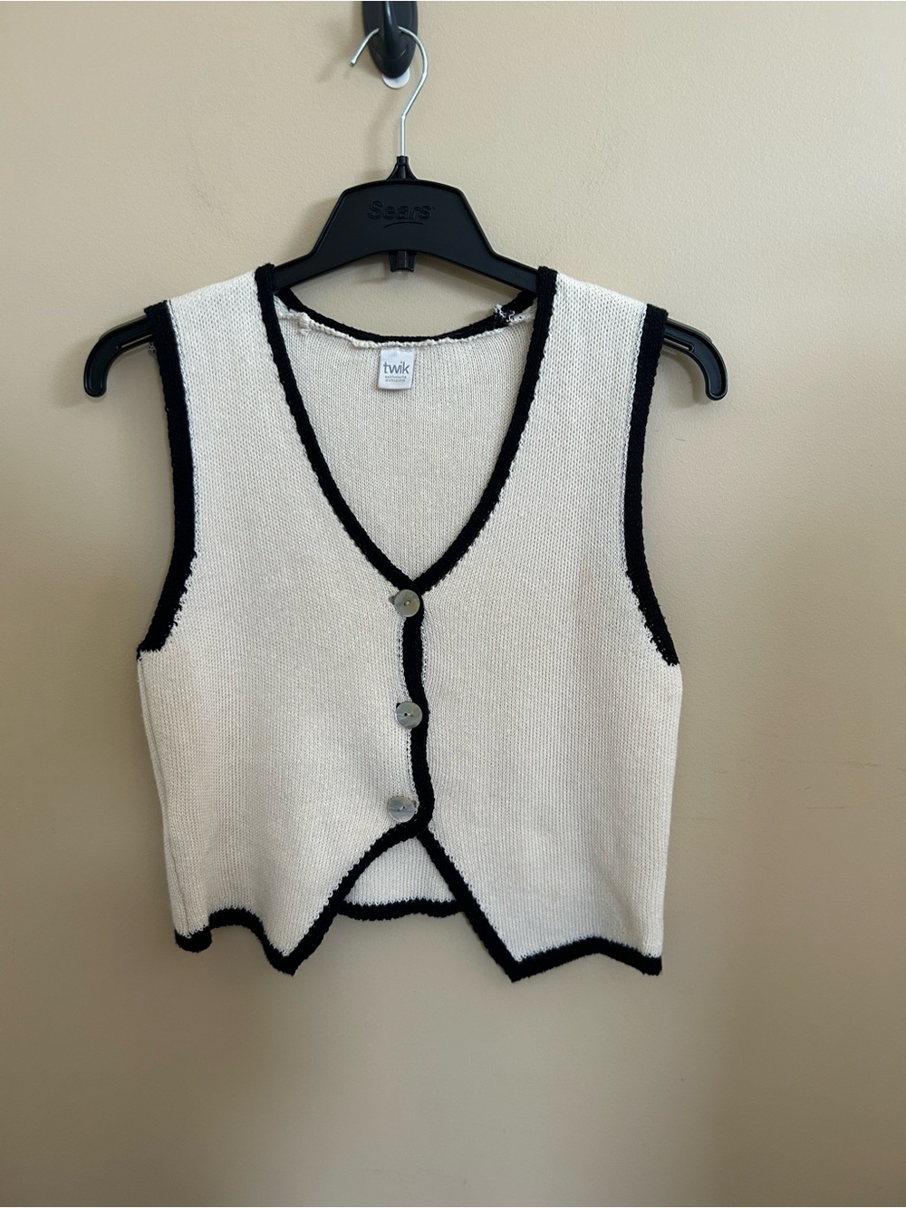 twik Cream Knit Sleeveless Sweater Vest with Black Trim Preppy/ Boho Chic